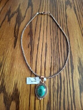 Desert Pearls Copper 2mm 16" Necklace  With Malachite Oval Natural Stone Pendant